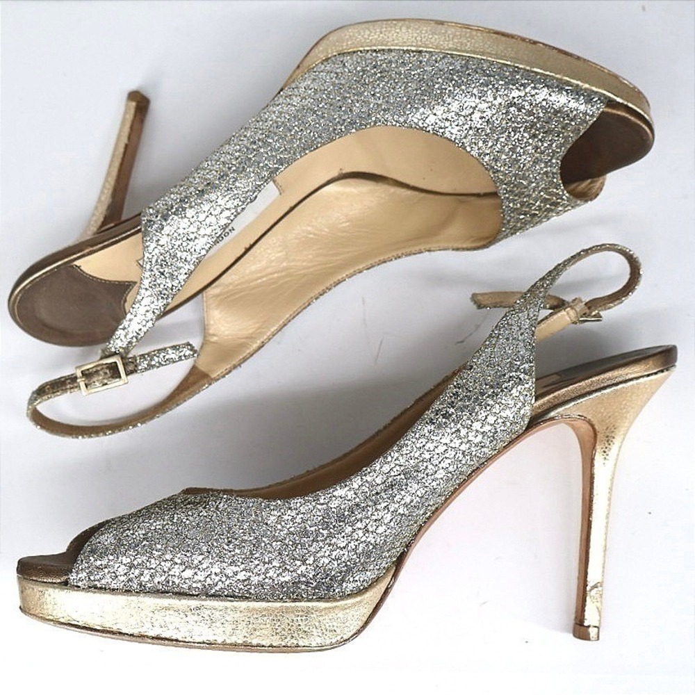 Jimmy Choo Glitter Slingback Peep Toe Nova Snake Platform Gold Silver EU 39 - Picture 4 of 7